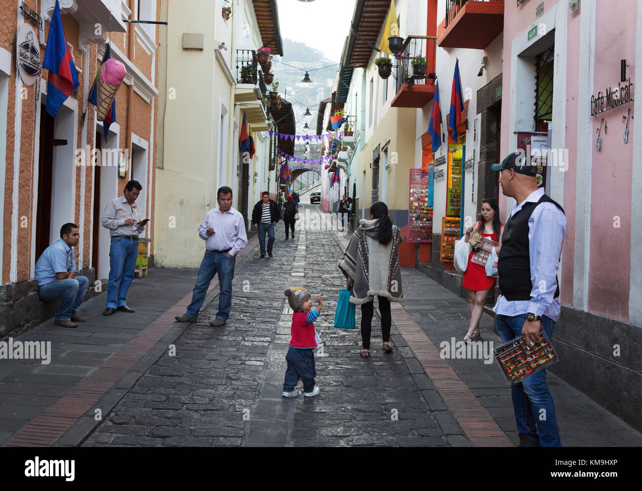 Quito Ecuador - street scene in daytime, La Ronda, Quito  old town, Ecuador South America Stock Photo