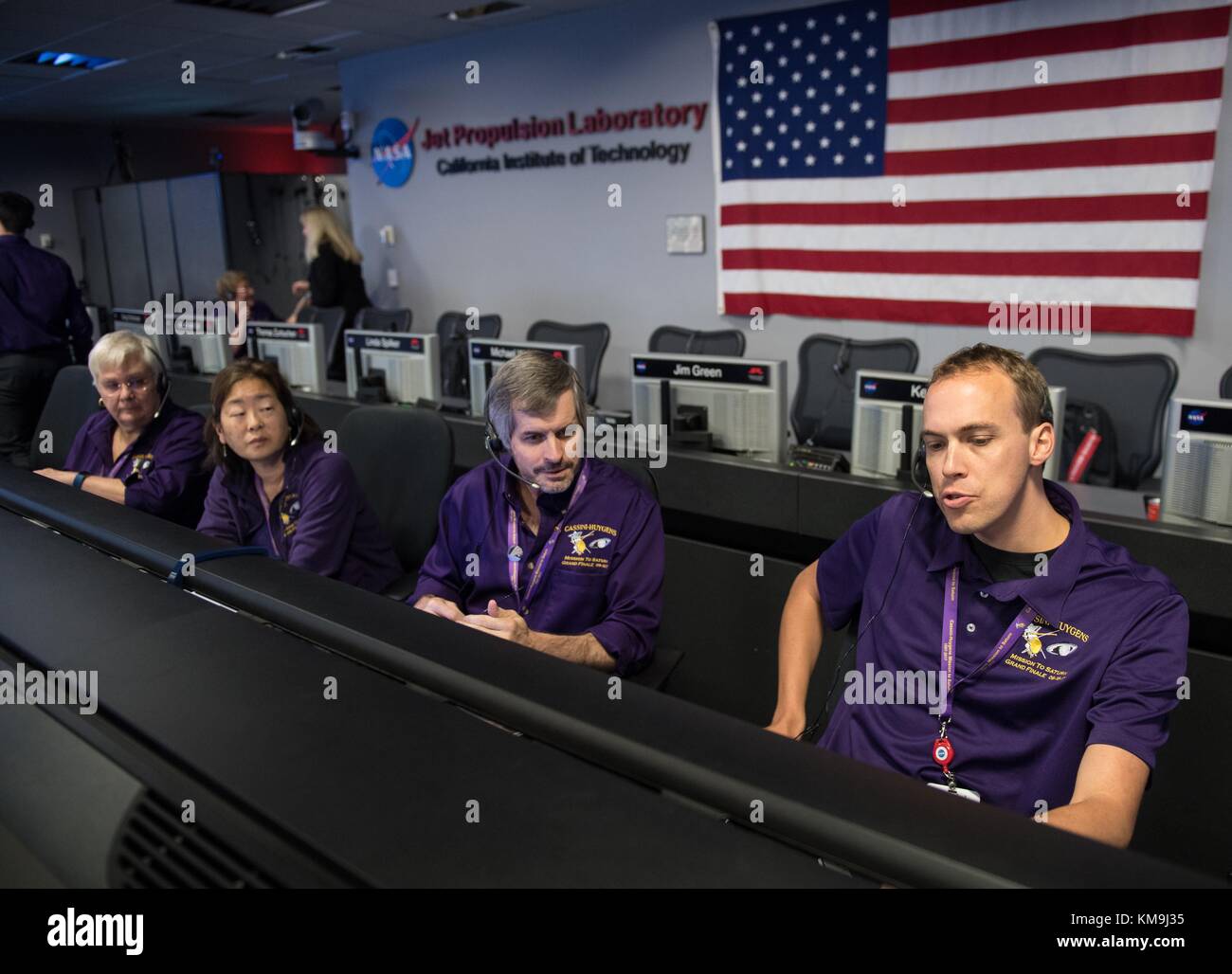Cassini mission scientists work in the mission control room as the Cassini spacecraft makes its final plunge into Saturn during the end of the Cassini-Huygens mission at the NASA Jet Propulsion Laboratory September 15, 2017 in Pasadena, California.  (photo by Joel Kowsky  via Planetpix) Stock Photo