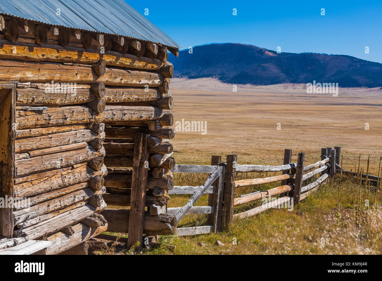 Log barn on a historic ranch in Valles Grande within Valles Caldera National Preserve, a preserve run by the National Park Service, New Mexico, USA Stock Photo