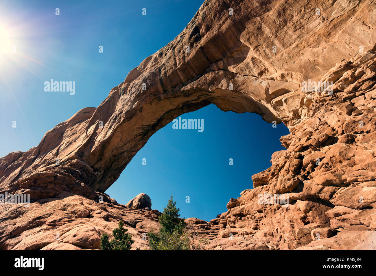 Sandstone arch, Arches National Park, USA. one of the 'Double Arches' in the Windows District. Arches National Park lies north of Moab in Utah Stock Photo