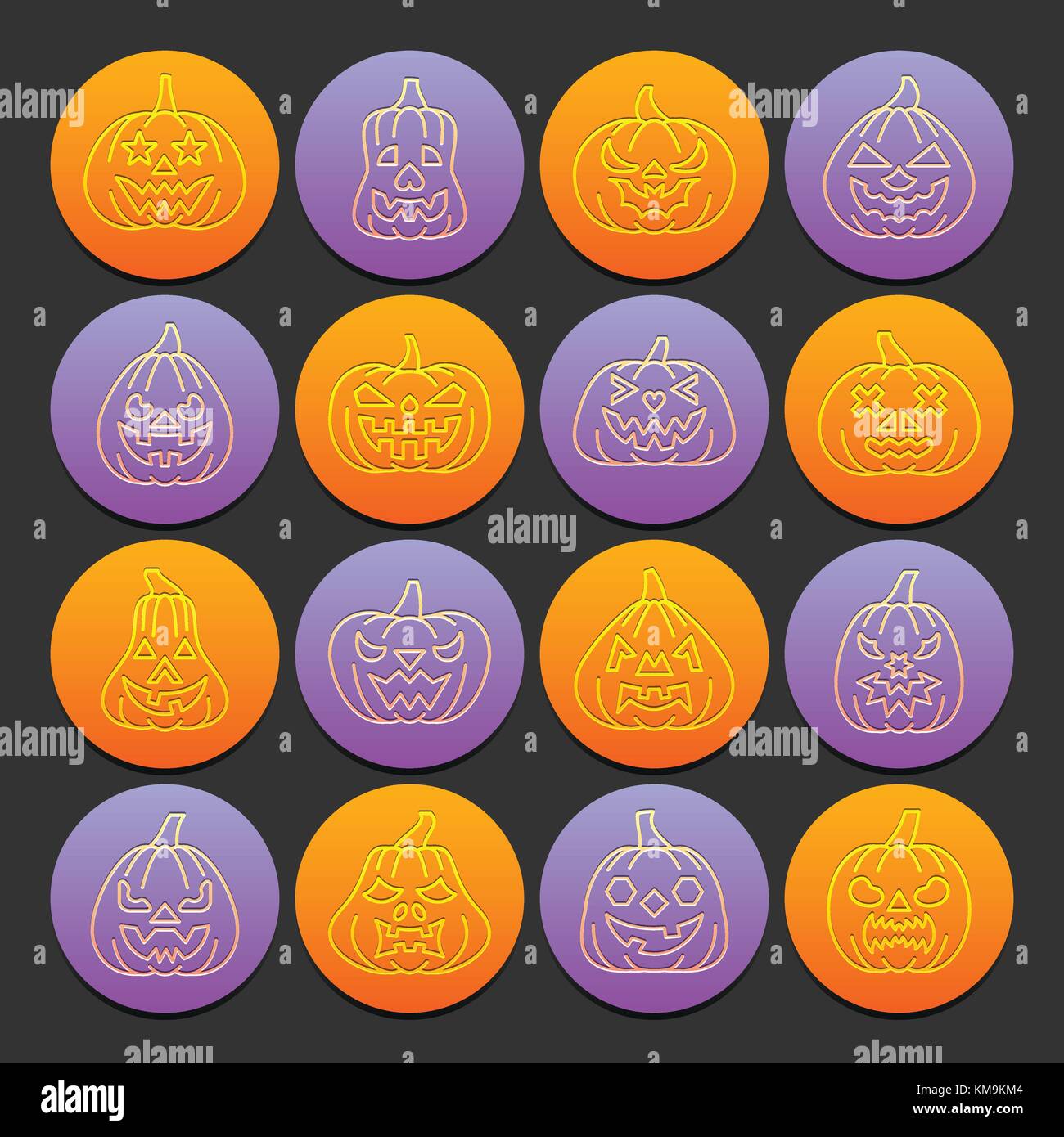 Carving face Halloween Pumpkin icon set. Flat style emboss thin line ...