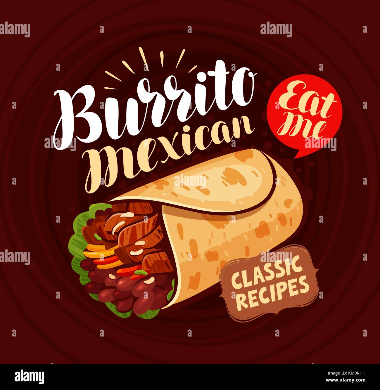 Mexican food, banner. Burrito, kebab, meal, eating concept. Lettering vector illustration Stock Vector