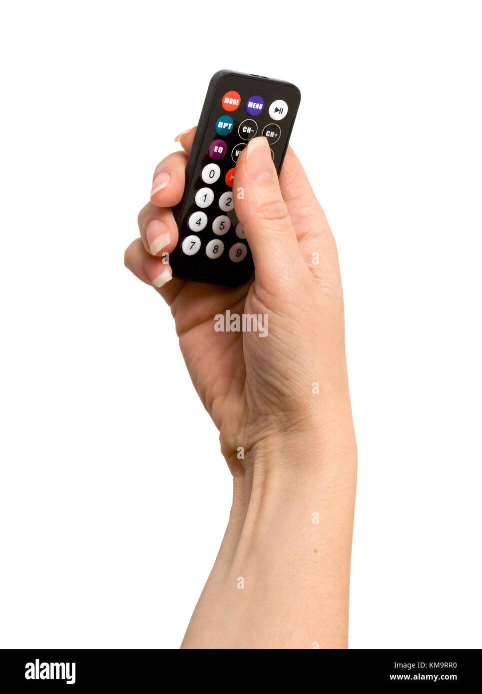 the woman's hand pressed the remote control isolated Stock Photo
