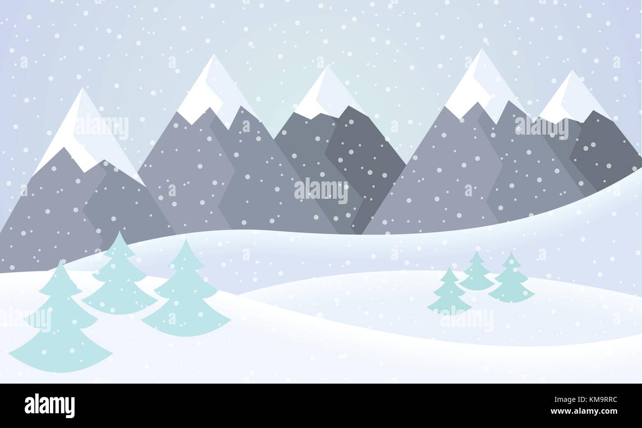 Vector flat design illustration of a snowy winter mountain landscape ...