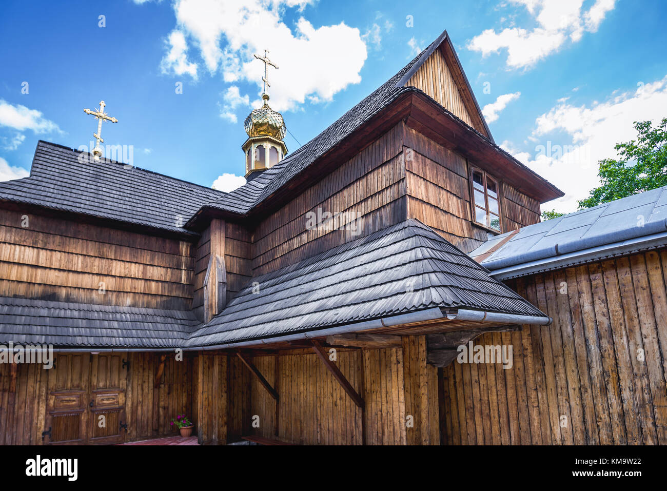 Wooden Church of the Assumption of the Blessed Virgin in Chortkiv city in Ternopil Oblast of western Ukraine Stock Photo