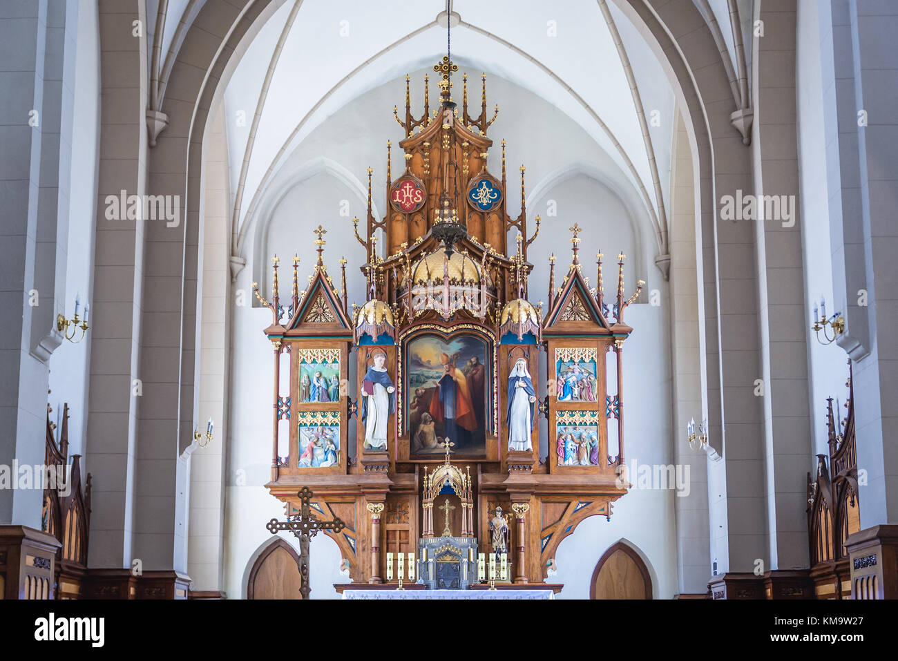 Altar in Roman Catholic Saint Stanislaus Church in Chortkiv city in Ternopil Oblast of western Ukraine Stock Photo
