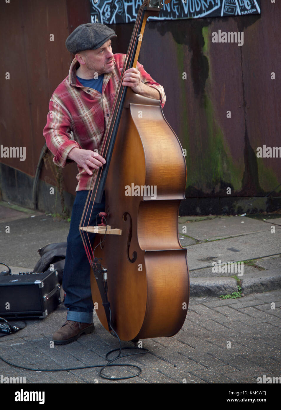 As part of a busking rockabilly band a man plays his double bass in a