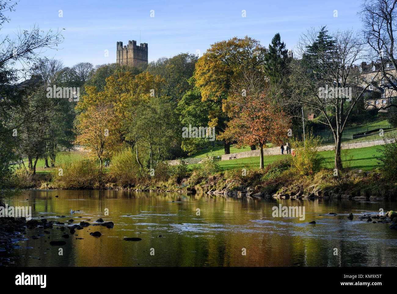 Richmond Castle in Richmond, North Yorkshire, England, viewed from River Swale Stock Photo