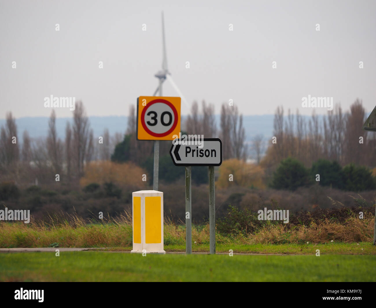 Prison road sign for the Sheppey cluster of prisons (Swaleside, Elmley and Stanford Hill). Stock Photo
