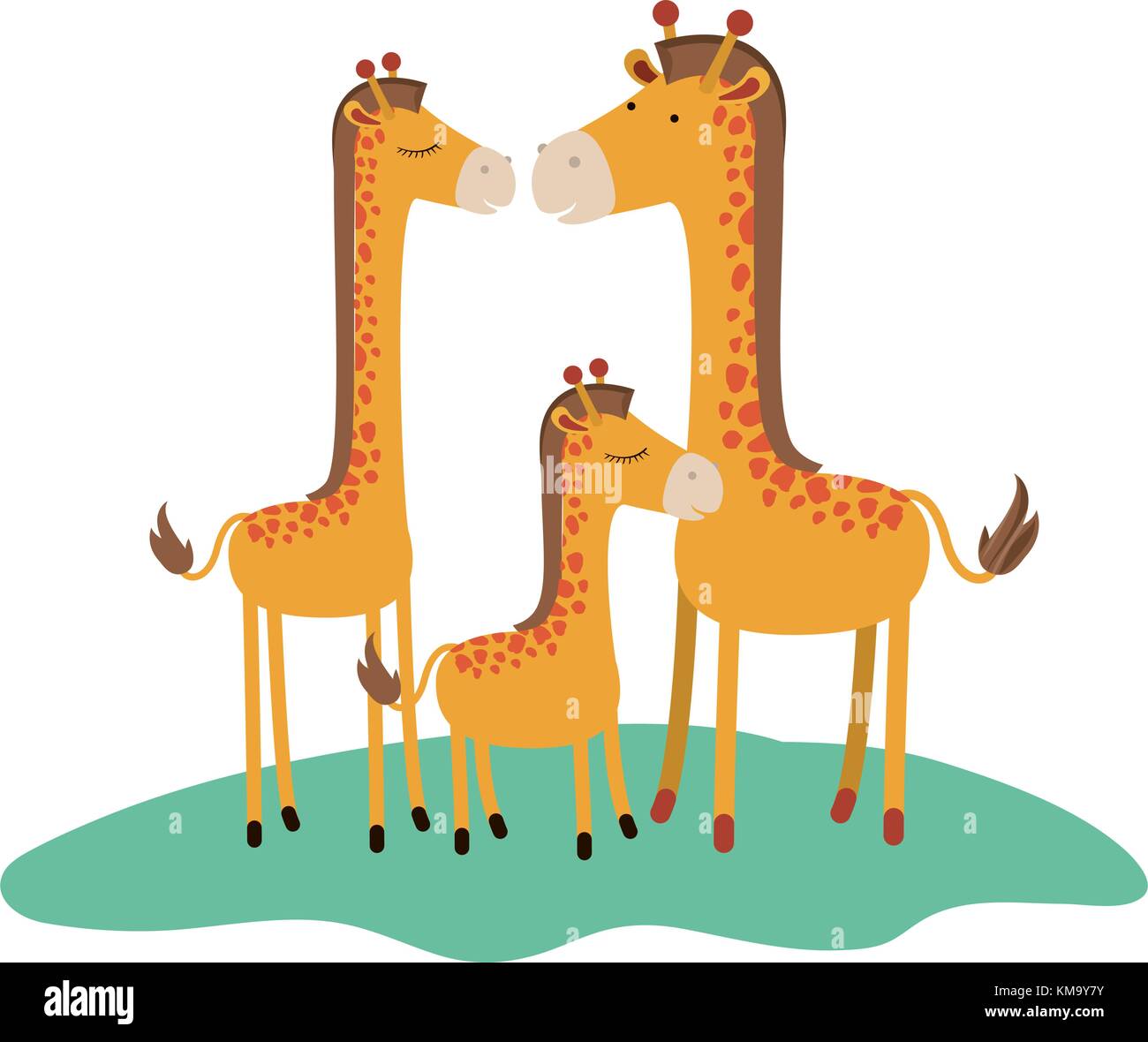 cartoon giraffes couple with calf over grass in colorful silhouette on white background Stock Vector