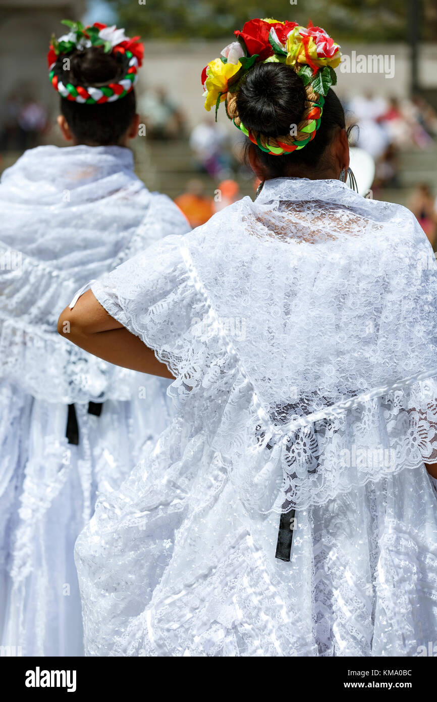 Hair decorations of Mexican female dancers, Cinco de Mayo Celebration, Civic Center Park, Denver, Colorado USA Stock Photo