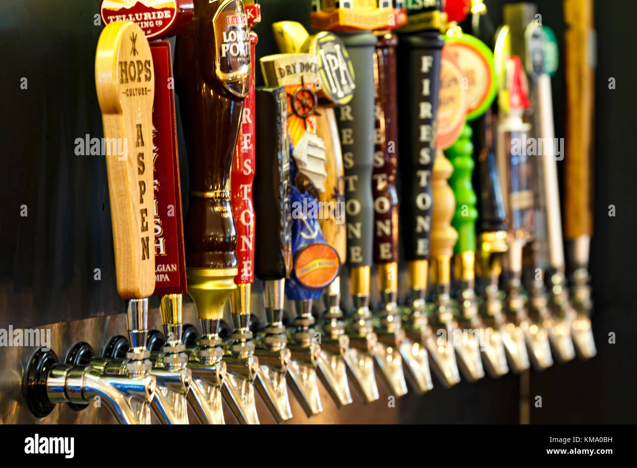 Beer taps, Hops Culture restaurant-bar, Aspen, Colorado USA Stock Photo