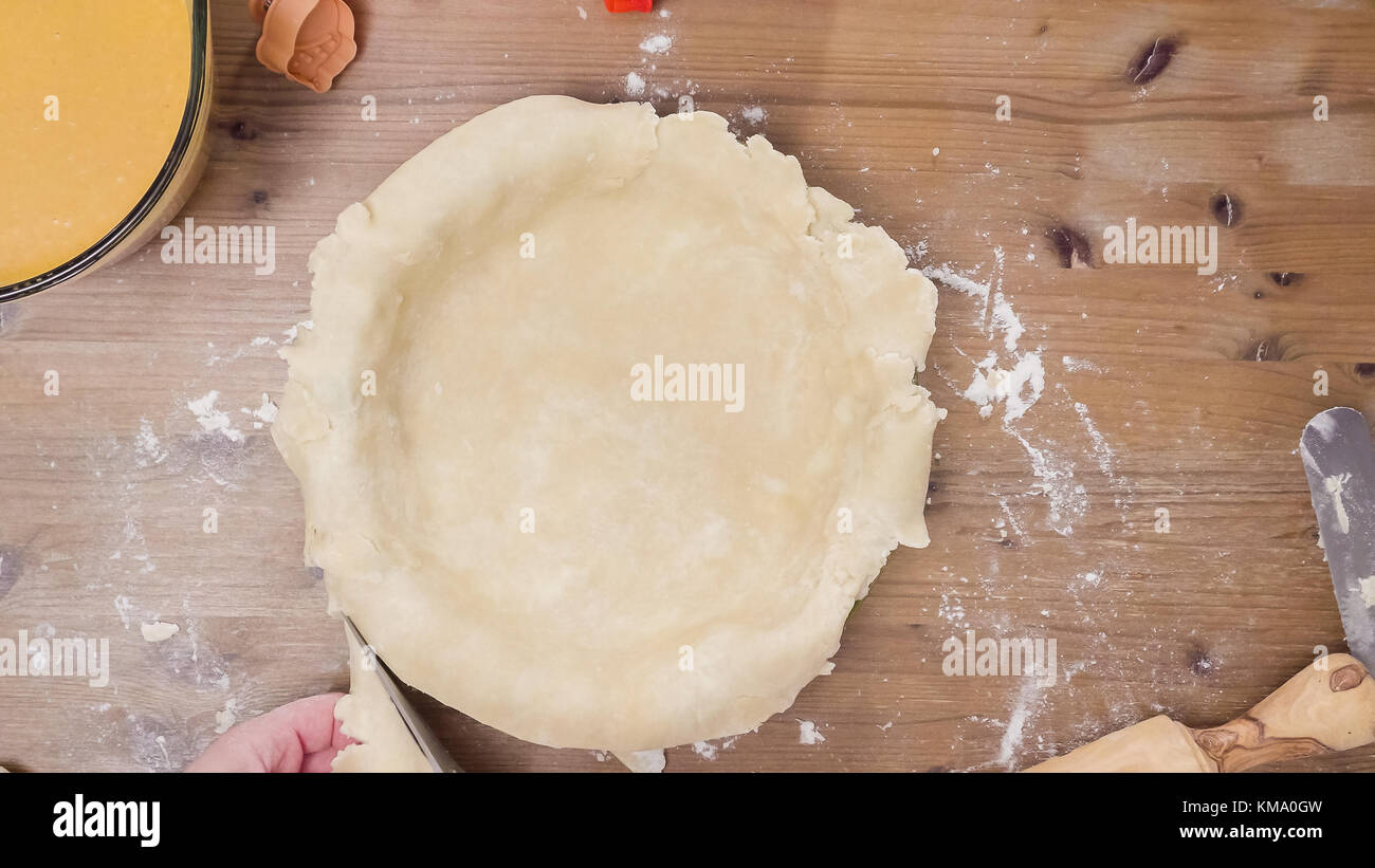 step-by-step-making-pie-crust-from-scratch-to-bake-pumpkin-pie-stock