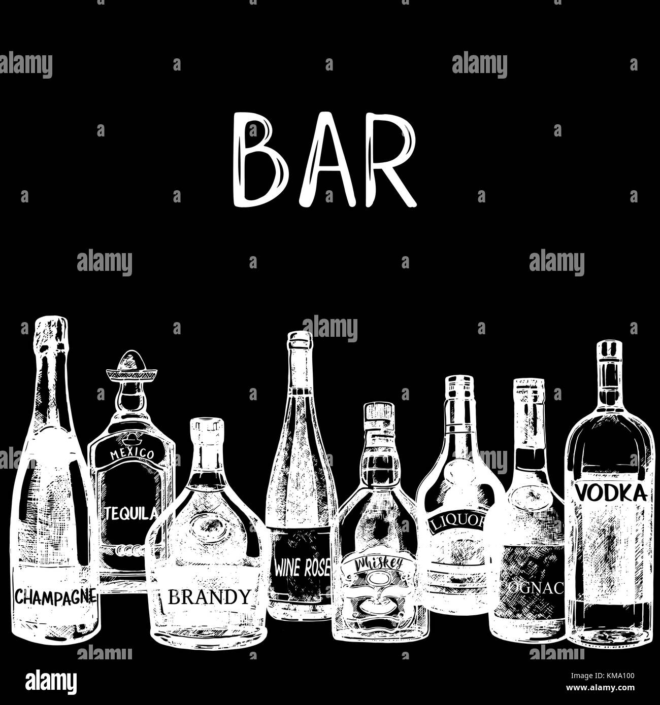 Hand drawn sketch style bottles of alcohol. Vector illustration