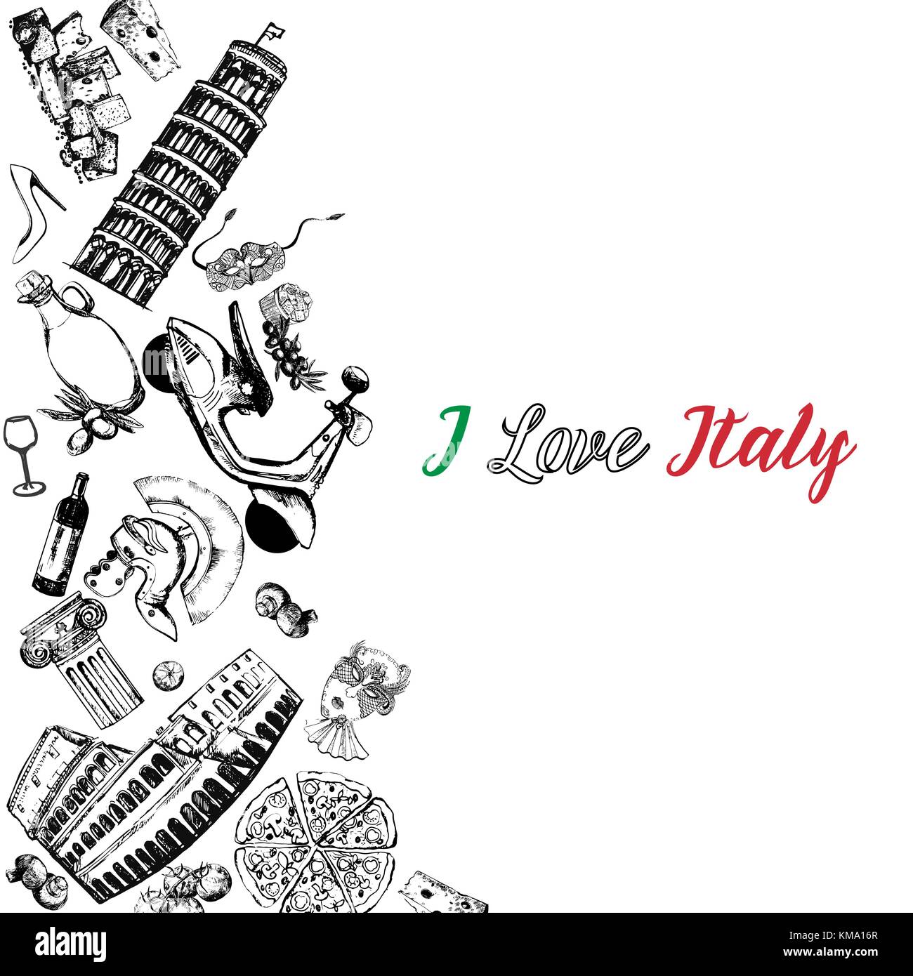 Hand drawn Italy themed sketch set of landmarks, food, objects. Isolated vector illustration. Stock Vector