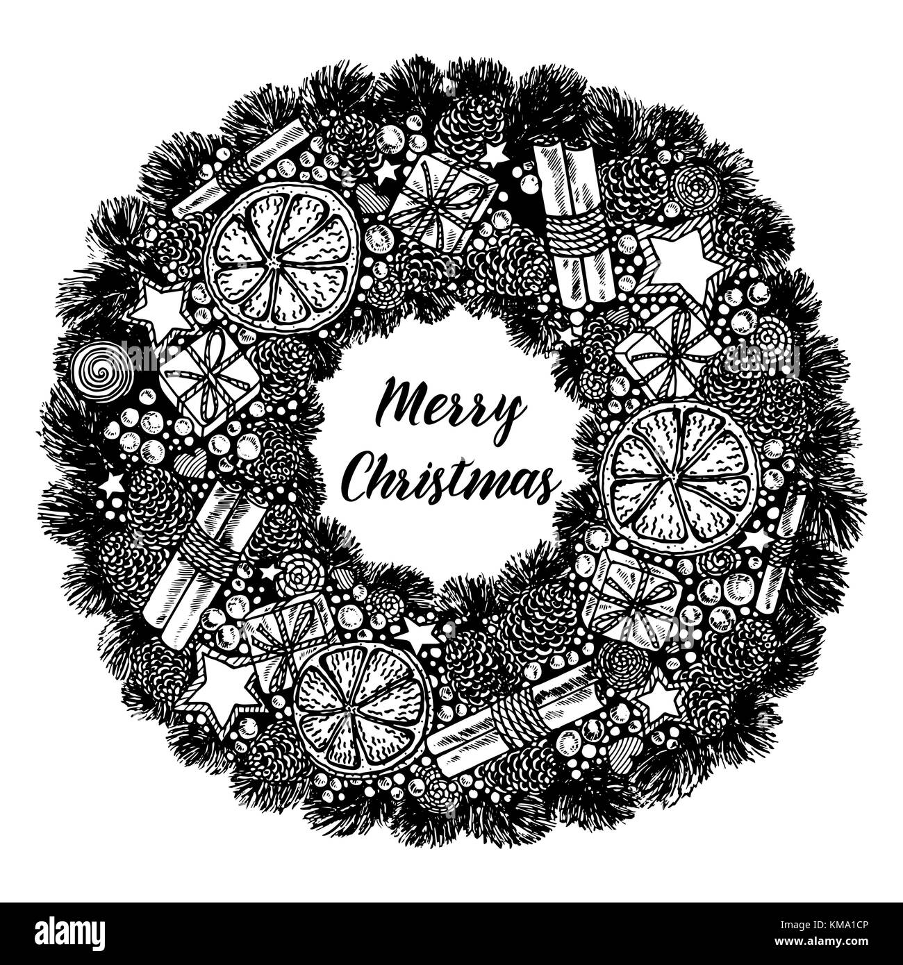 Hand drawn sketch style Christmas and New Year wreath. Vector illustration isolated on white background. Stock Vector