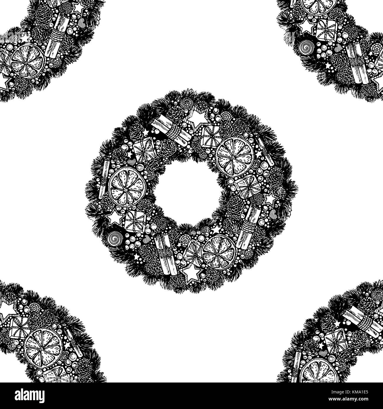 Seamless pattern of hand drawn sketch style Christmas and New Year wreath. Vector illustration isolated on white background. Stock Vector