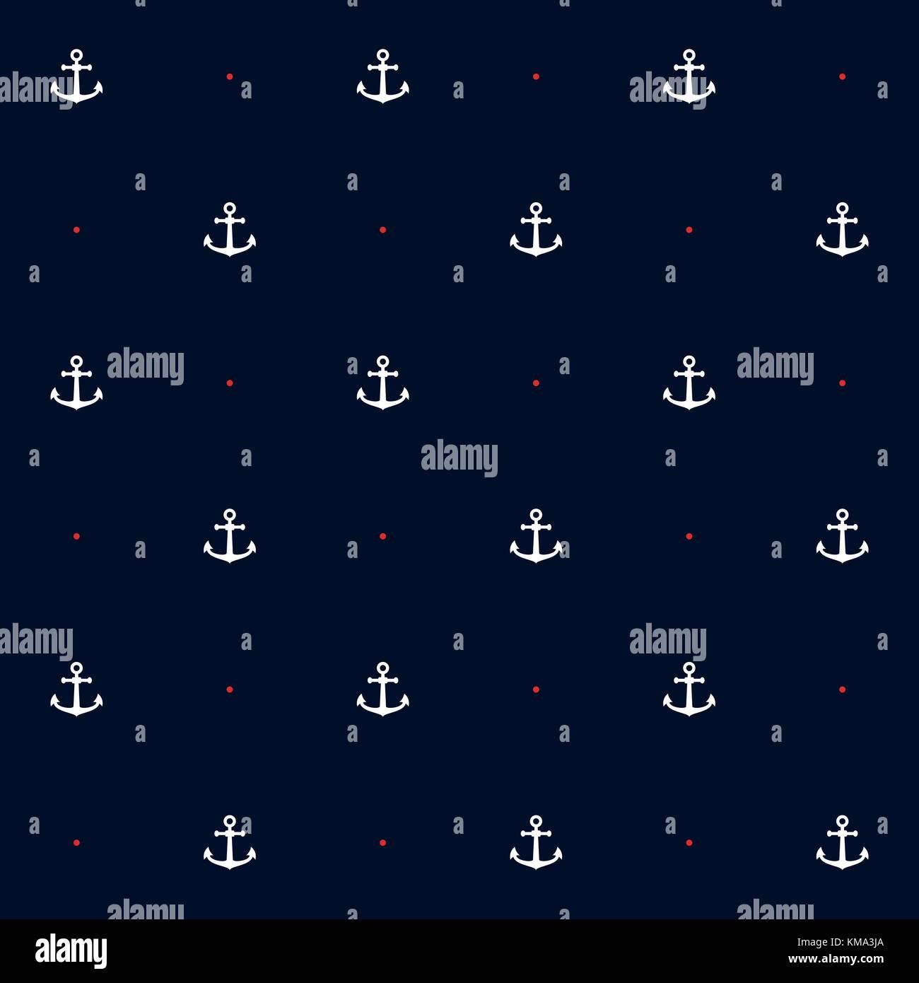 Seamless vector pattern with anchors and dots in blue background. Nautical motif. Stock Vector