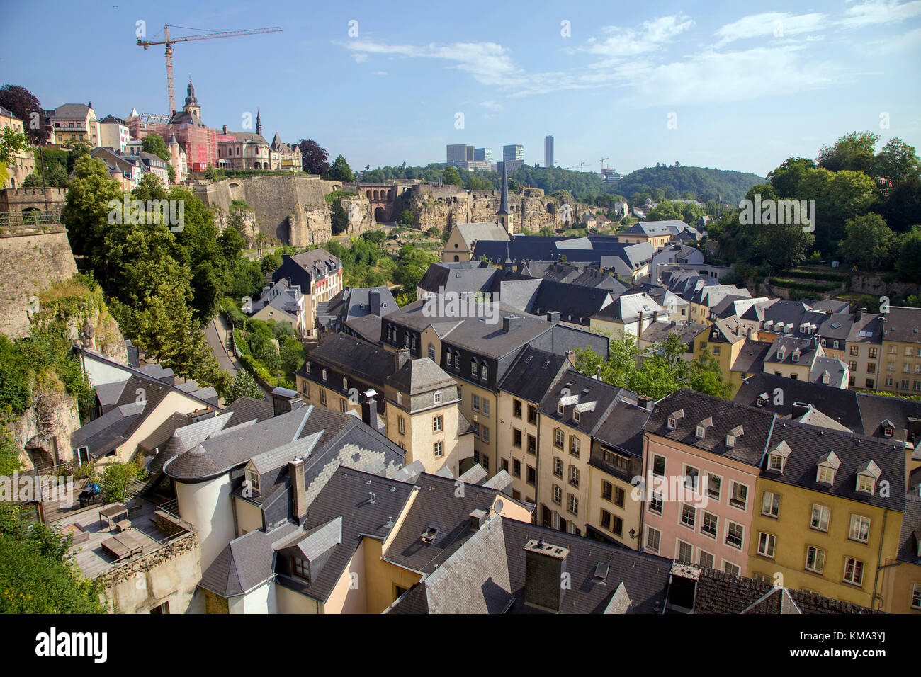View from the old town wall to church St. Johannes, behind the europe district on Kirchberg, Luxembourg-city, Luxembourg, Europe Stock Photo
