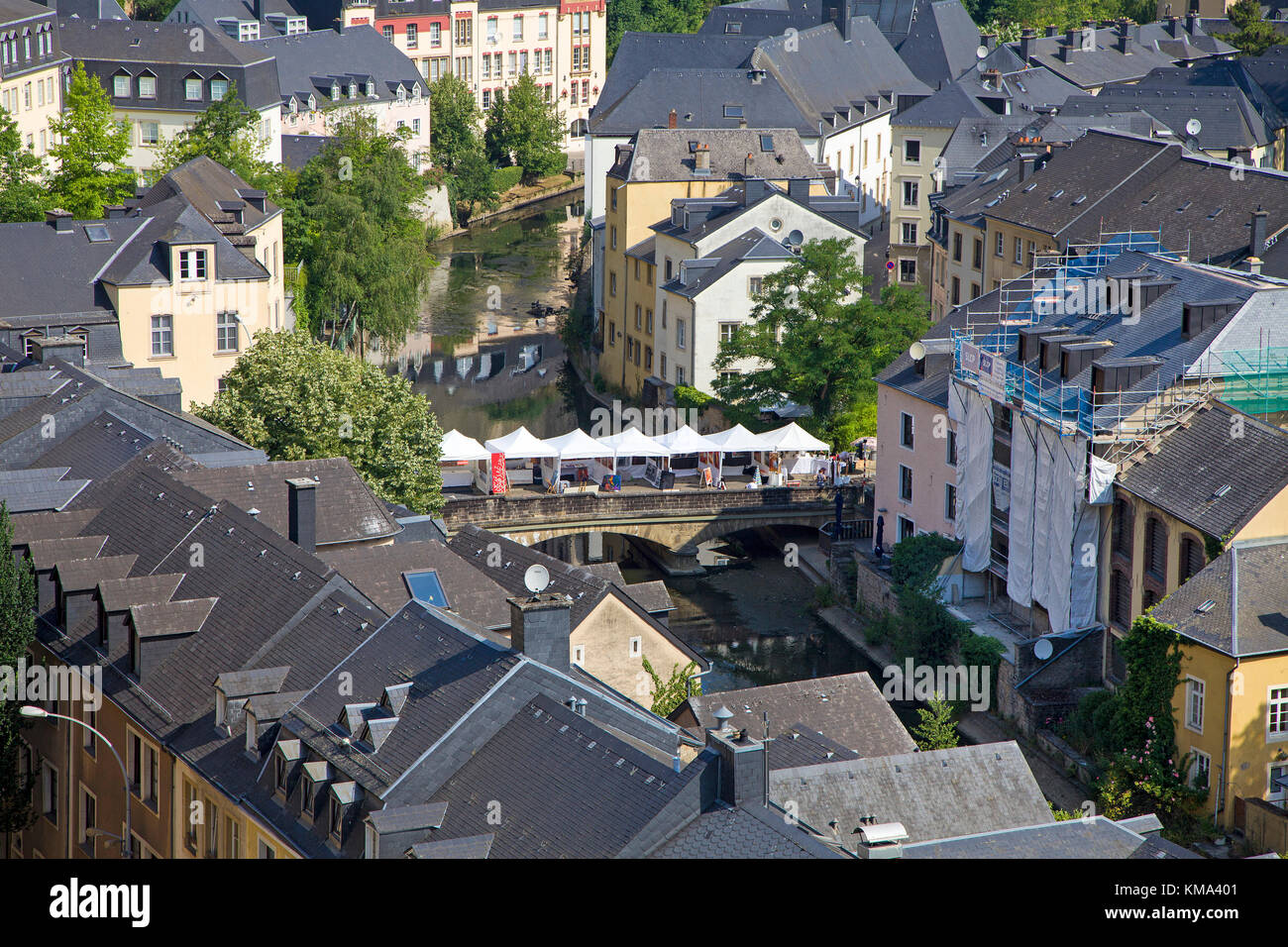 The Alzette river flows across lower city, Grund, Luxembourg-city, Luxembourg, Europe Stock Photo