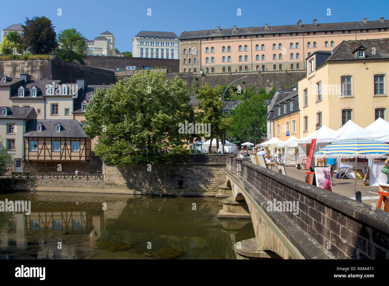 Art exhibition on Ulrichs bridge over Alzette river, lower city, Grund, Luxembourg-city, Luxembourg, Europe Stock Photo