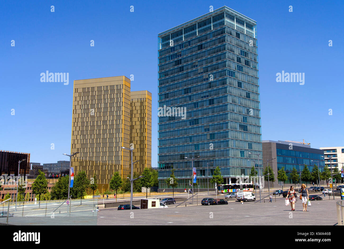Office skyscraper and Twin tower of the european Court, Avenue John F. Kennedy, Kirchberg, Luxembourg-city, Luxembourg, Europe Stock Photo