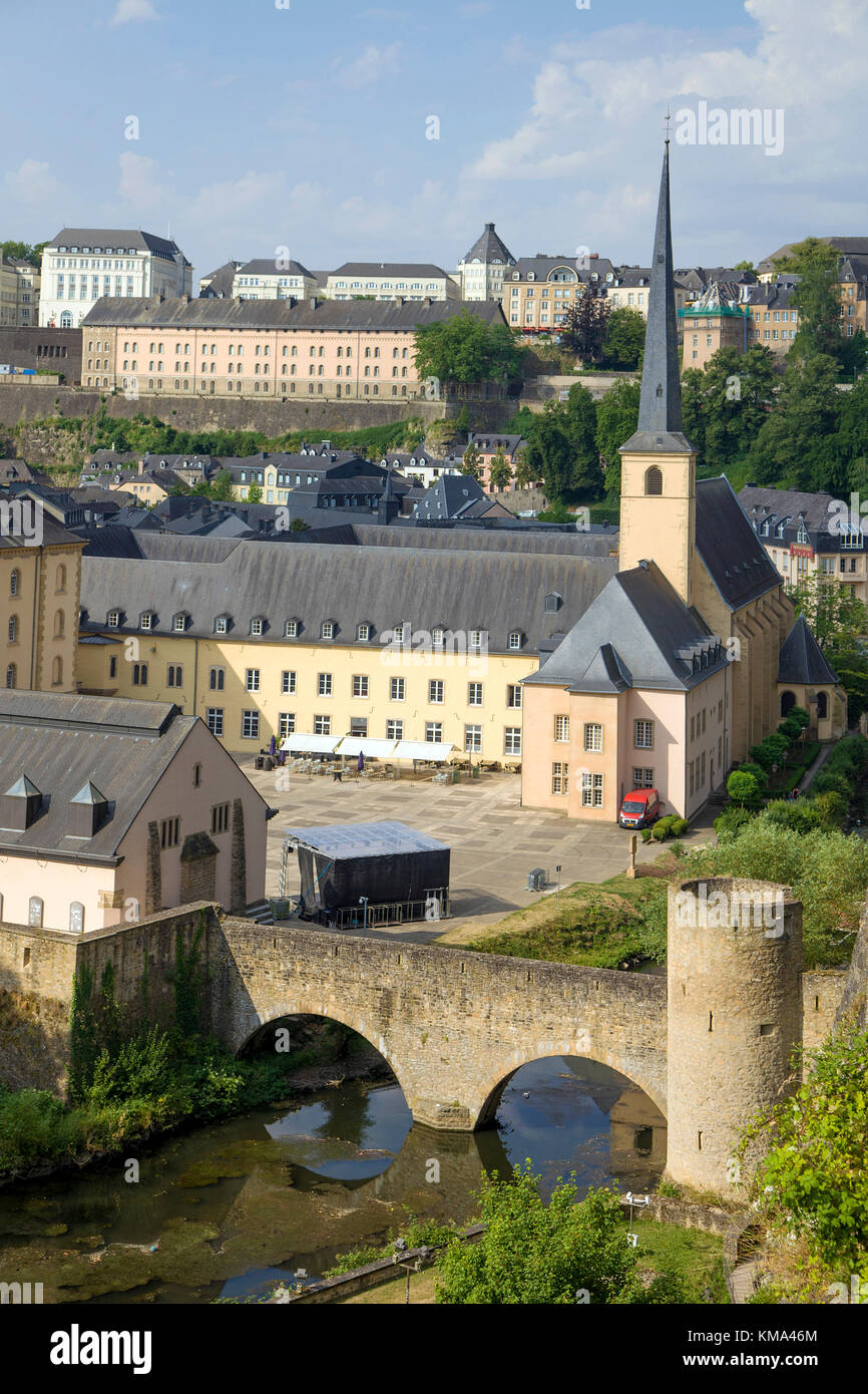 View from Corniche, on the abbey Neumuenster and church St. Johannes, Luxembourg-city, Luxembourg, Europe Stock Photo