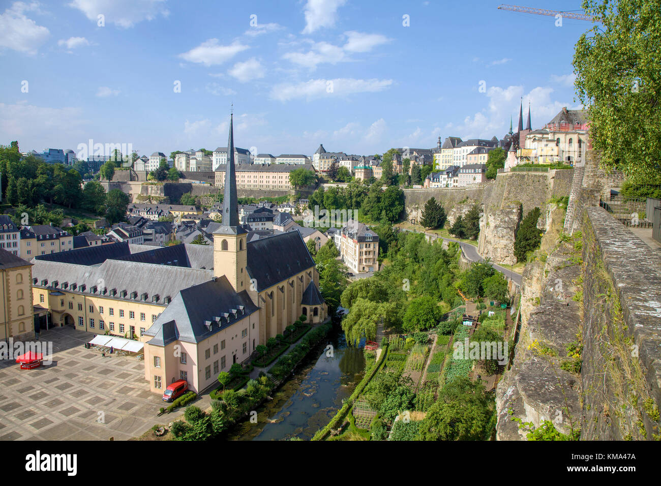 View from Corniche, on the abbey Neumuenster and church St. Johannes, Luxembourg-city, Luxembourg, Europe Stock Photo