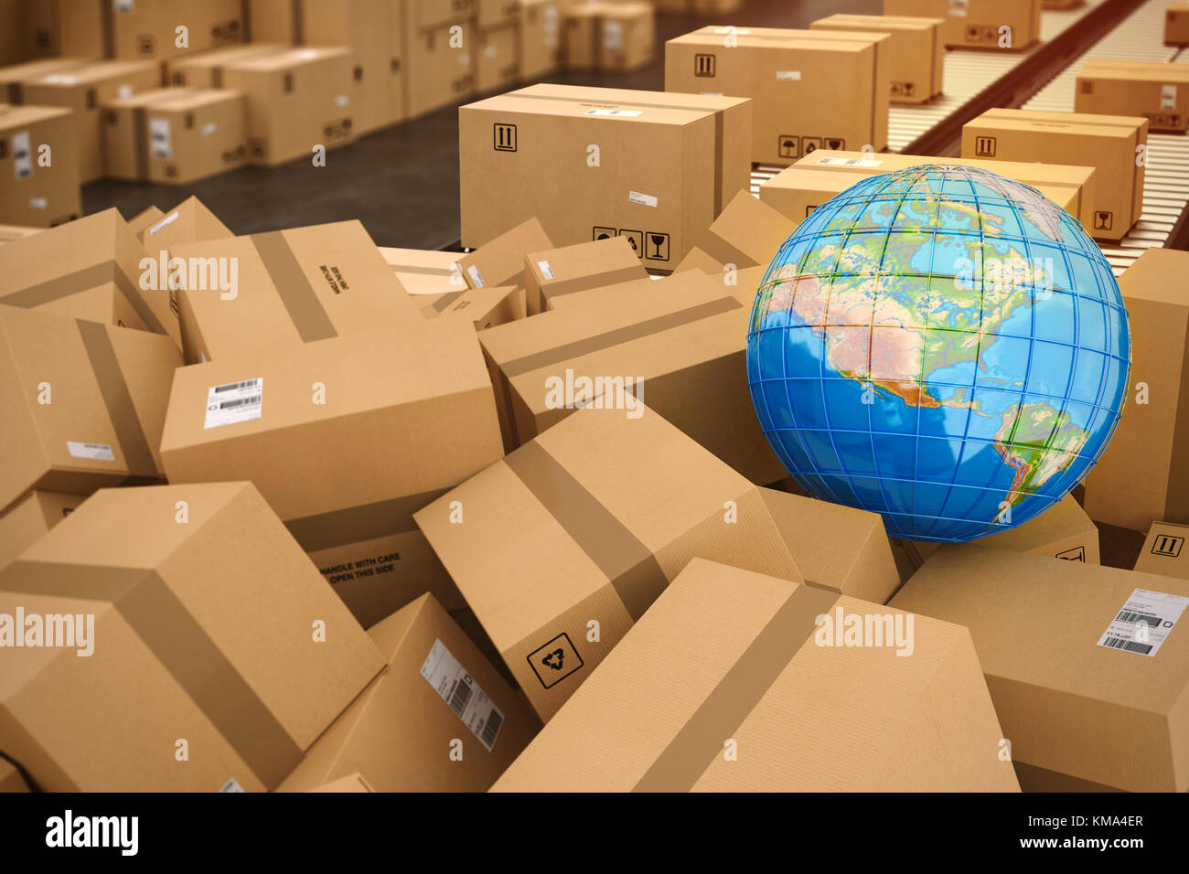 Boxes on conveyor roller. 3D Rendering Stock Photo