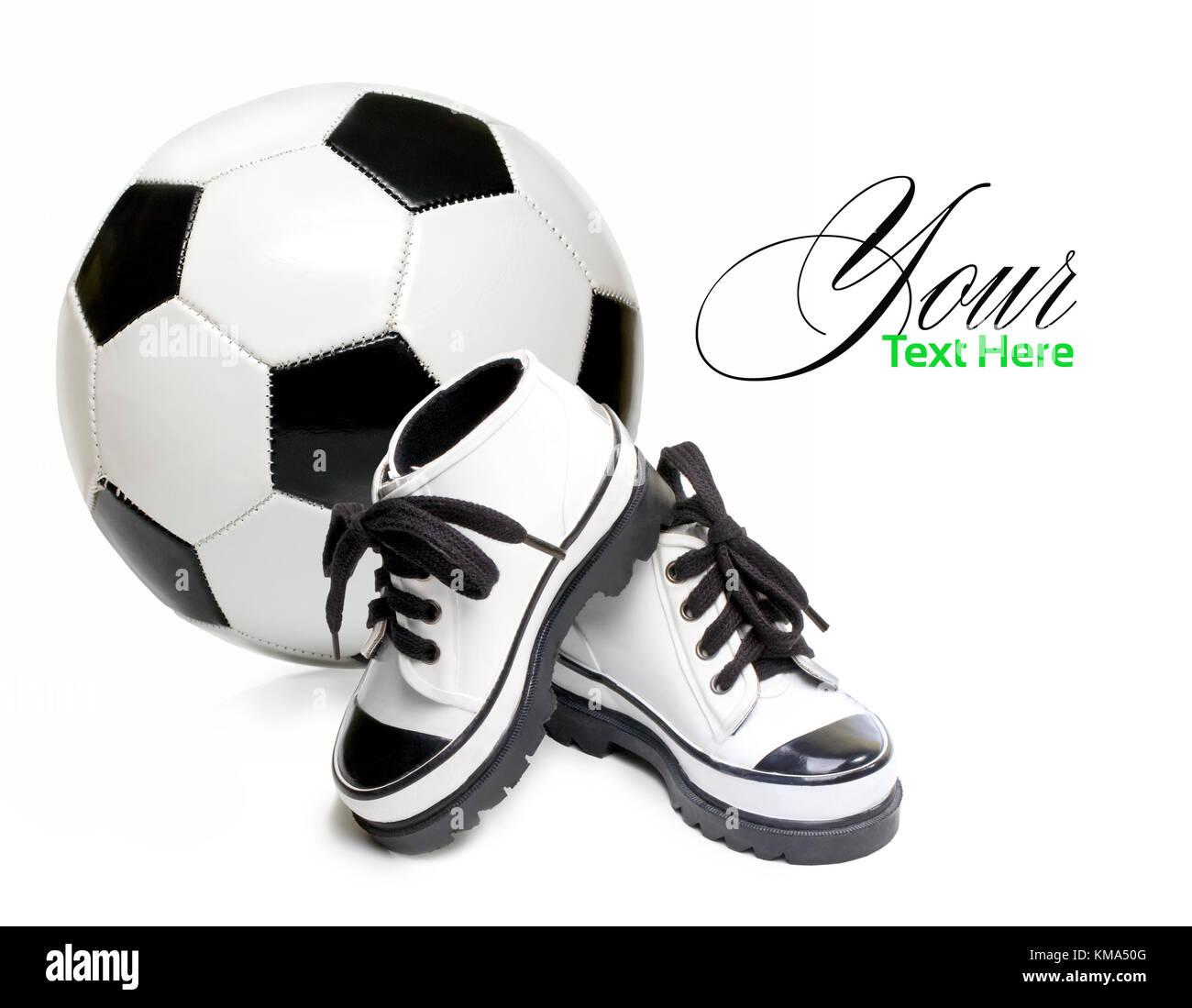 children's shoes and Leather soccer ball isolated on white with clipping path Stock Photo