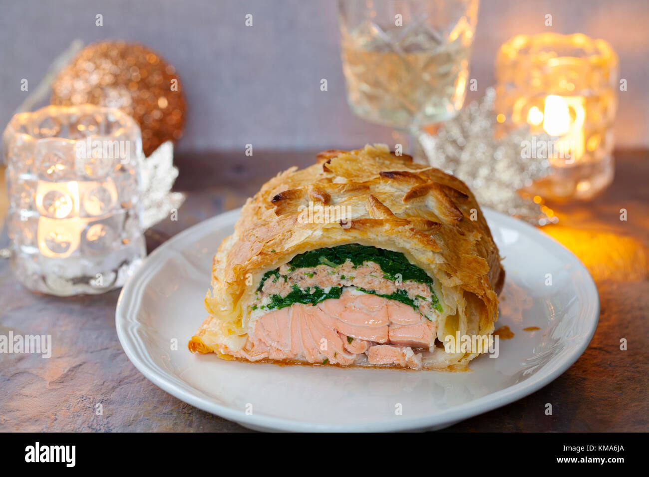 Salmon en croute with spinach and salmon mousse Stock Photo Alamy