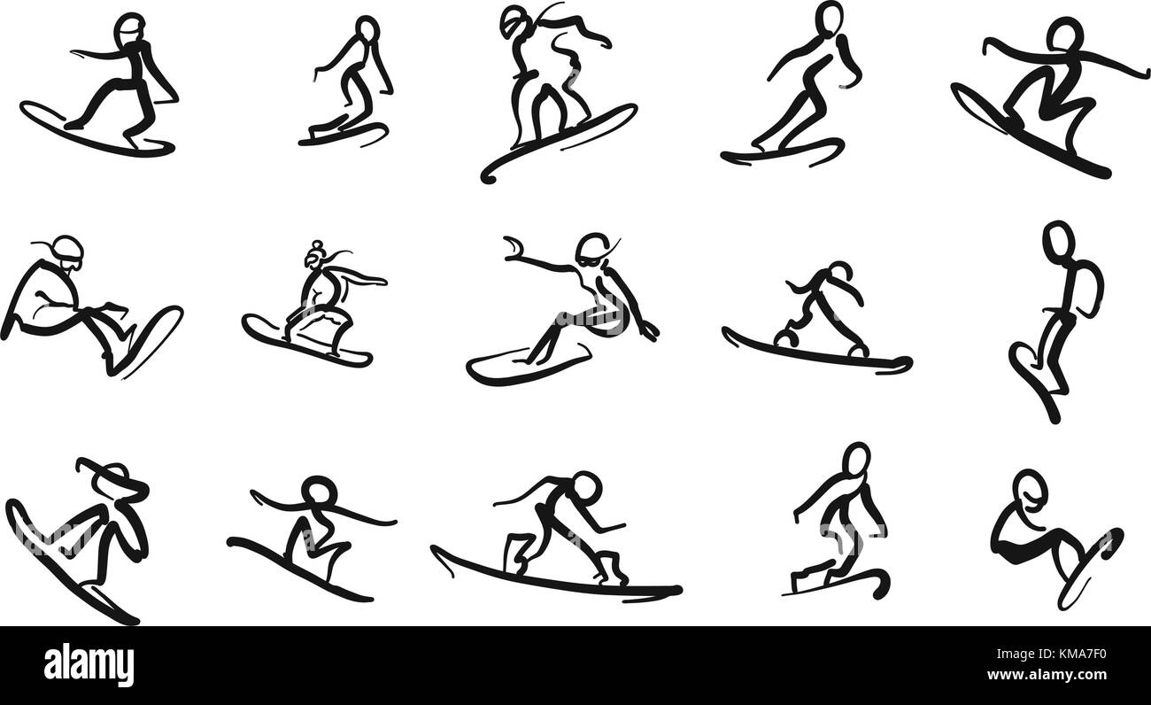 Hand drawn motion studies snoboarder icons. Vector illustration, black strokes on white. Snowboardschool set. Stock Vector