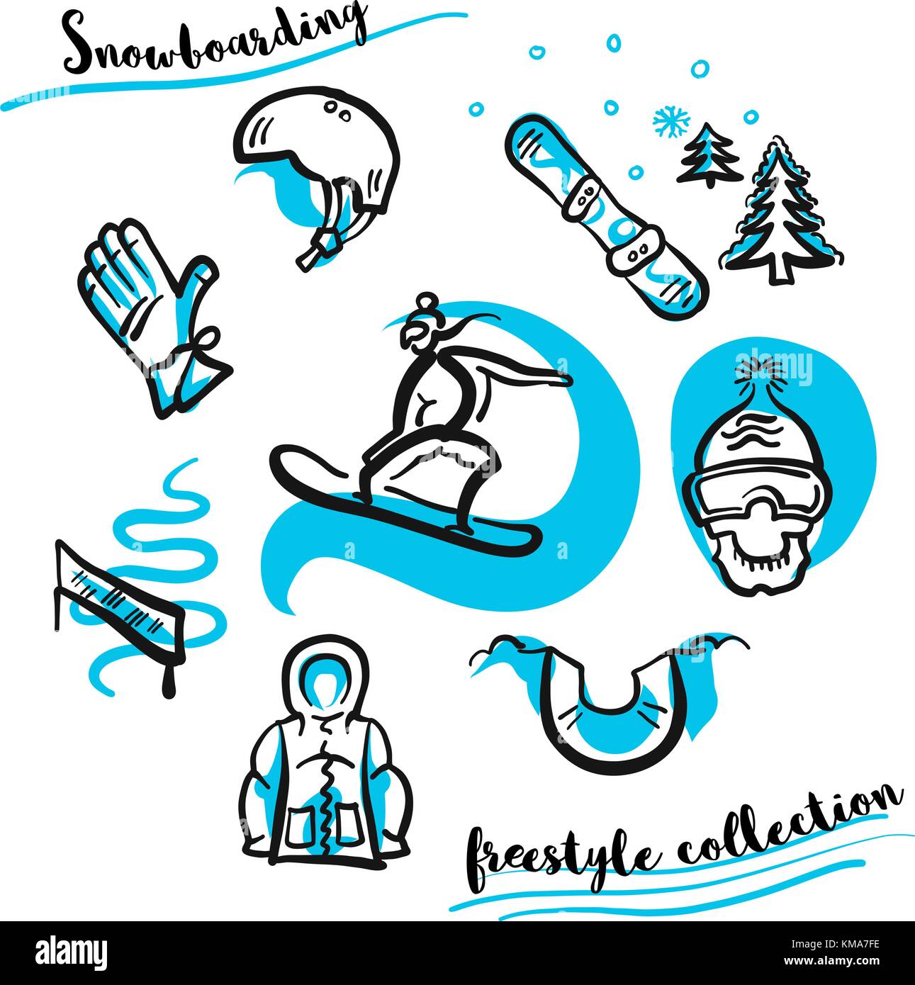 Snowboarding freestyle collection hand drawn set. Black and blue line art. Stock Vector