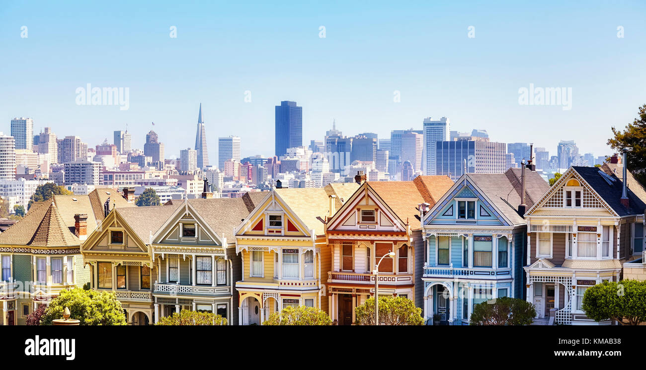 San Francisco skyline with famous Painted Ladies houses at sunset, California, United States of America. Stock Photo