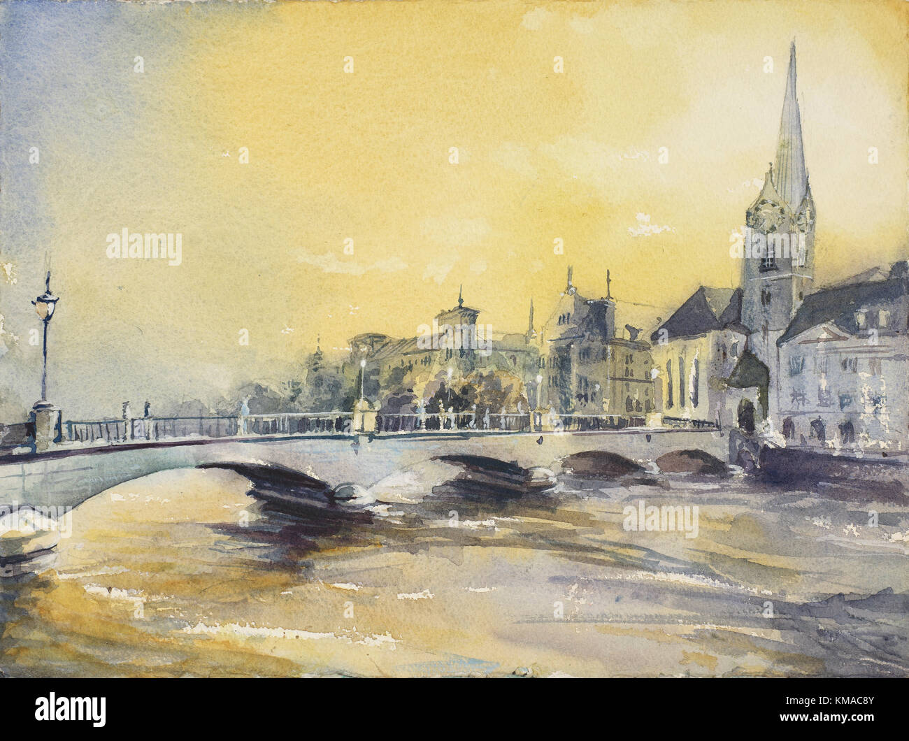 Watercolor painting of medieval city of Zurich, Switzerland at dusk Stock Photo