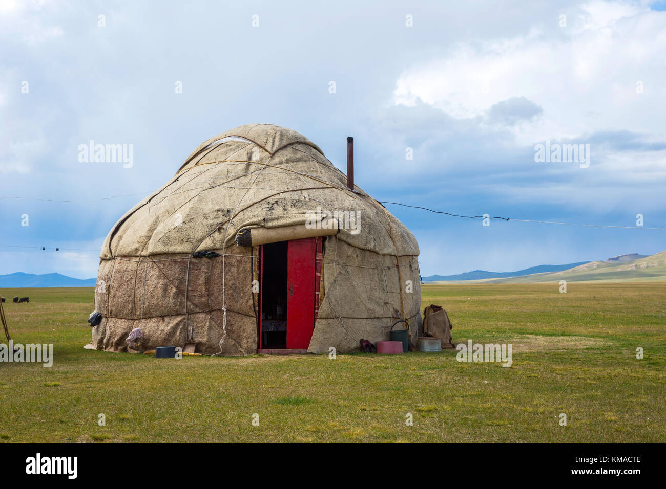 Yurt, typical nomad houses by the Song Kul lake, Kyrgyzstan Stock Photo