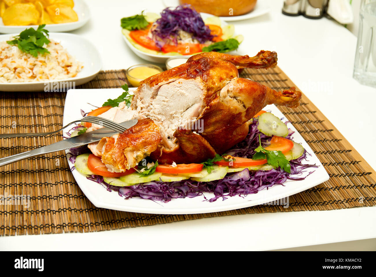 Charcoal baked chicken and side dishes Stock Photo Alamy