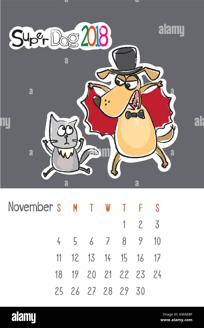 Calendar 2018 with cute funny dog and sad cat Stock Vector
