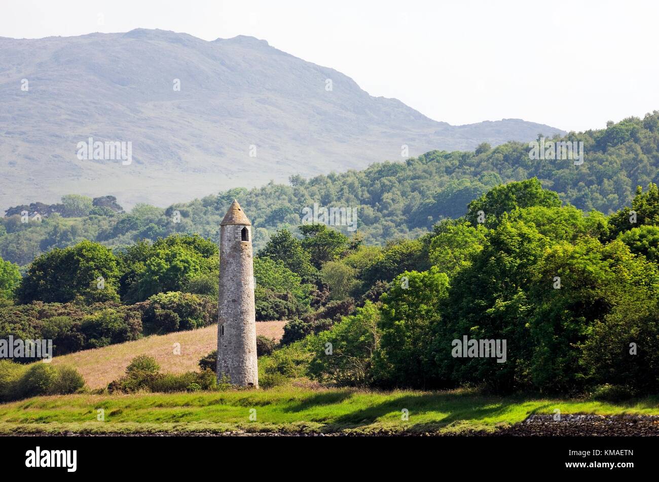 Cornamucklagh round tower. A 19 C navigational aid near Omeath on the Cooley peninsula, County Louth, Ireland. South from the top of Carlingford Lough Stock Photo