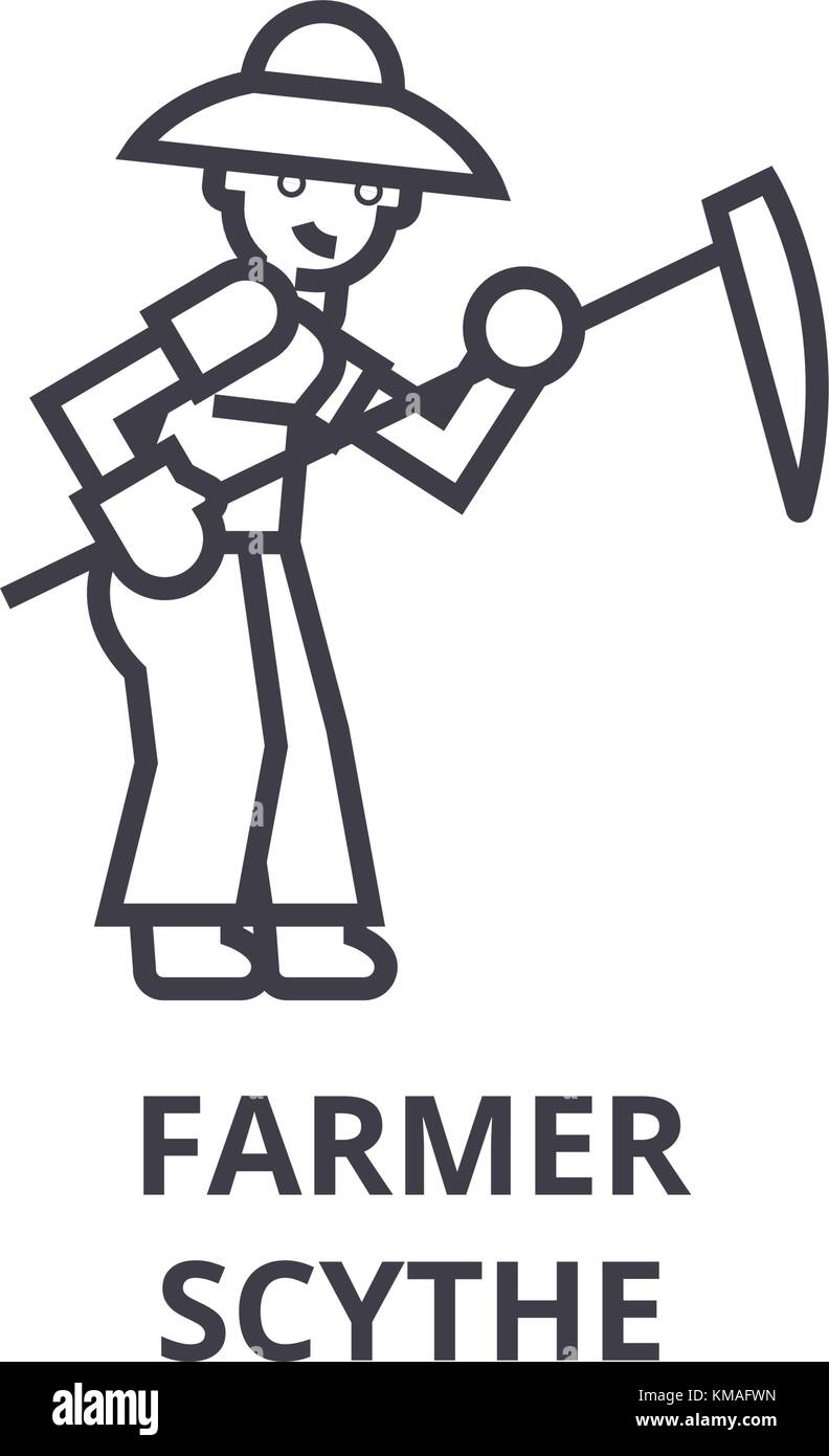 farmer with scythe line icon, outline sign, linear symbol, vector, flat illustration Stock Vector