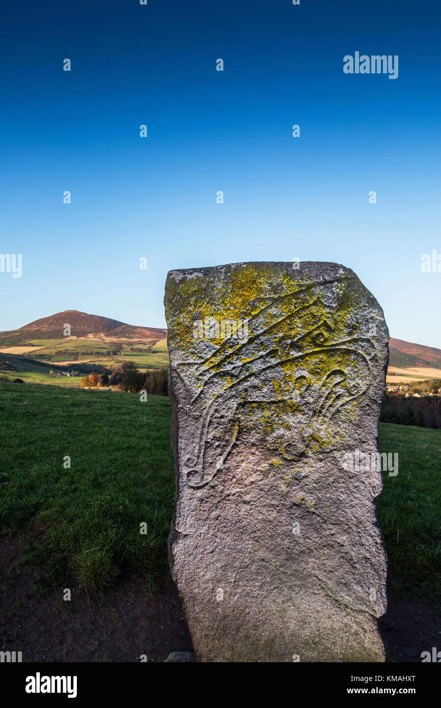 The ancient Pictish Craw Stane, or Crow Stone, near Rhynie, Aberdeenshire, Scotland, with Tap O Noth in the background Stock Photo