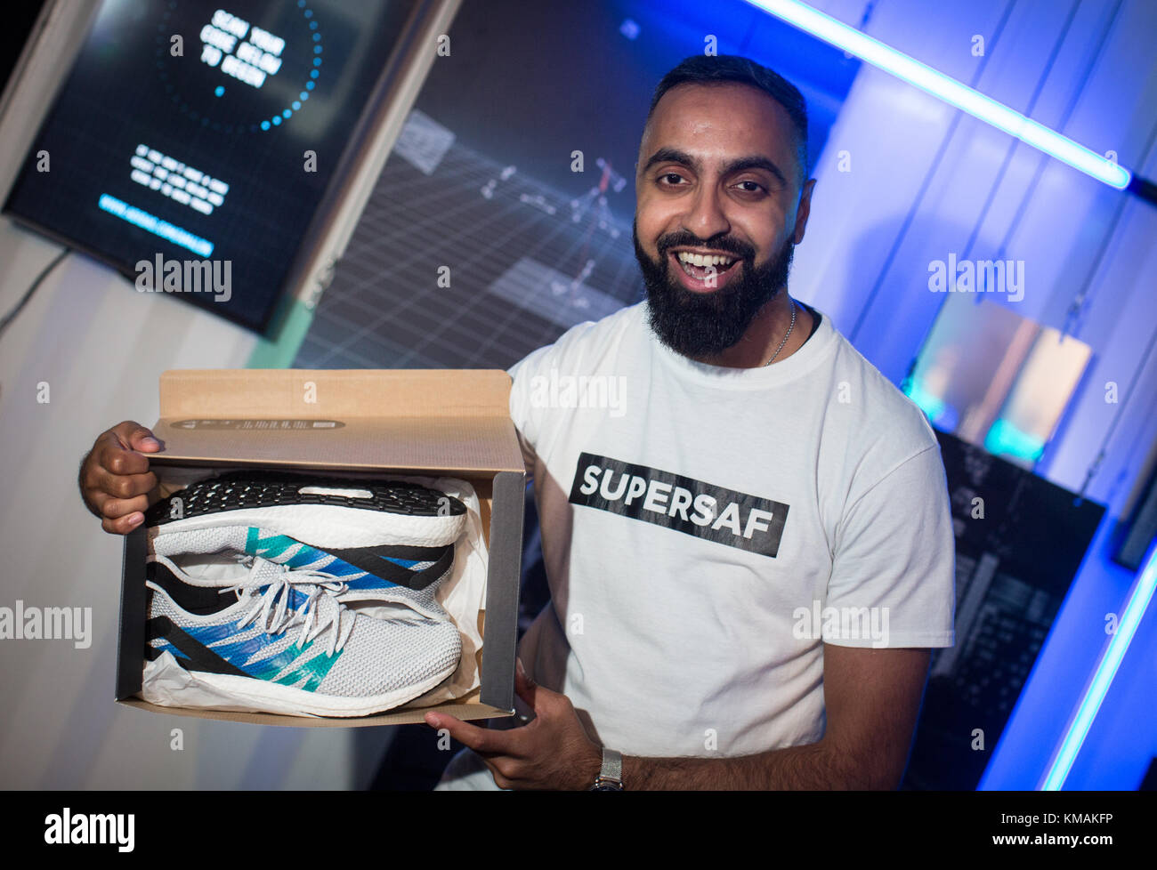 Tech Influencer Super Saf (Safwan Ahmedmia) poses with Adidas Speed Factory trainers at AM4LDN Adidas event Oct 18, 2017 in London Stock Photo
