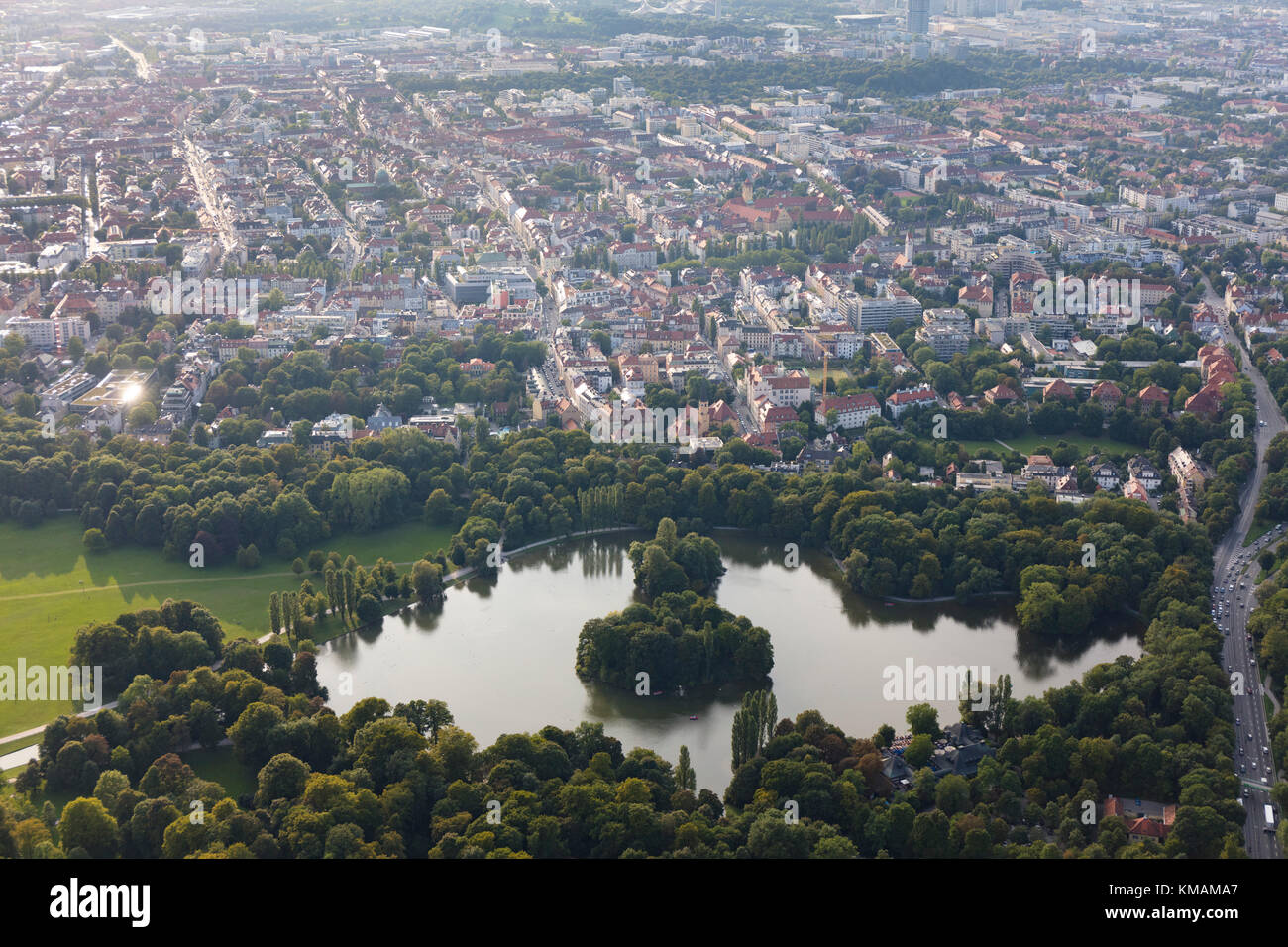 aerial view of the Kleinhesseloher See, English Garden, Munich Stock