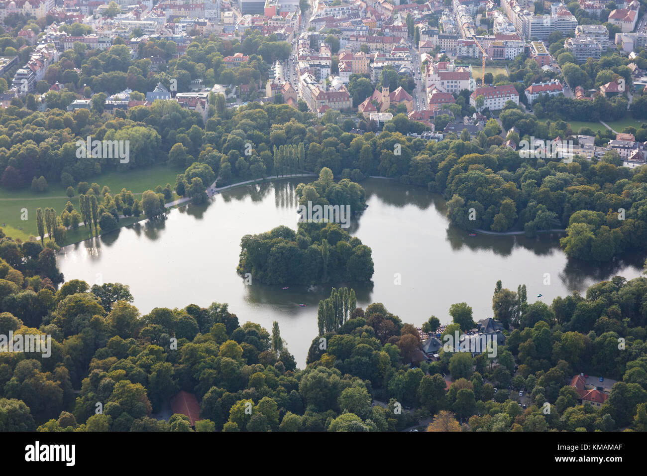 aerial view of the Kleinhesseloher See, English Garden, Munich, Bavaria, Germany Stock Photo