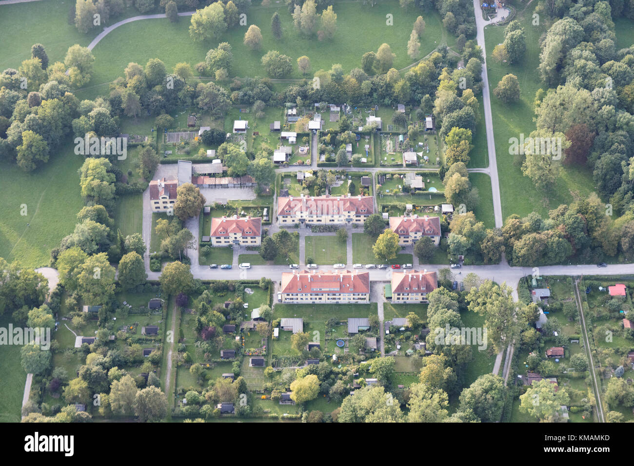 aerial view of the housing in Gyßlingstraße, English Garden, Schwabing, Munich, Bavaria, Germany Stock Photo