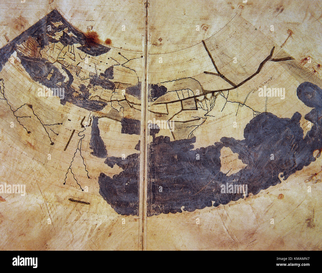 15th century  manuscript copy of Ptolemy world map, reconstituted from Ptolemy's Geography, c 150 AD. Indicating countries of Serica and Sinae (China) and Island of Taprobane (Sri Lanca). Vatican Apostolic Library. Stock Photo