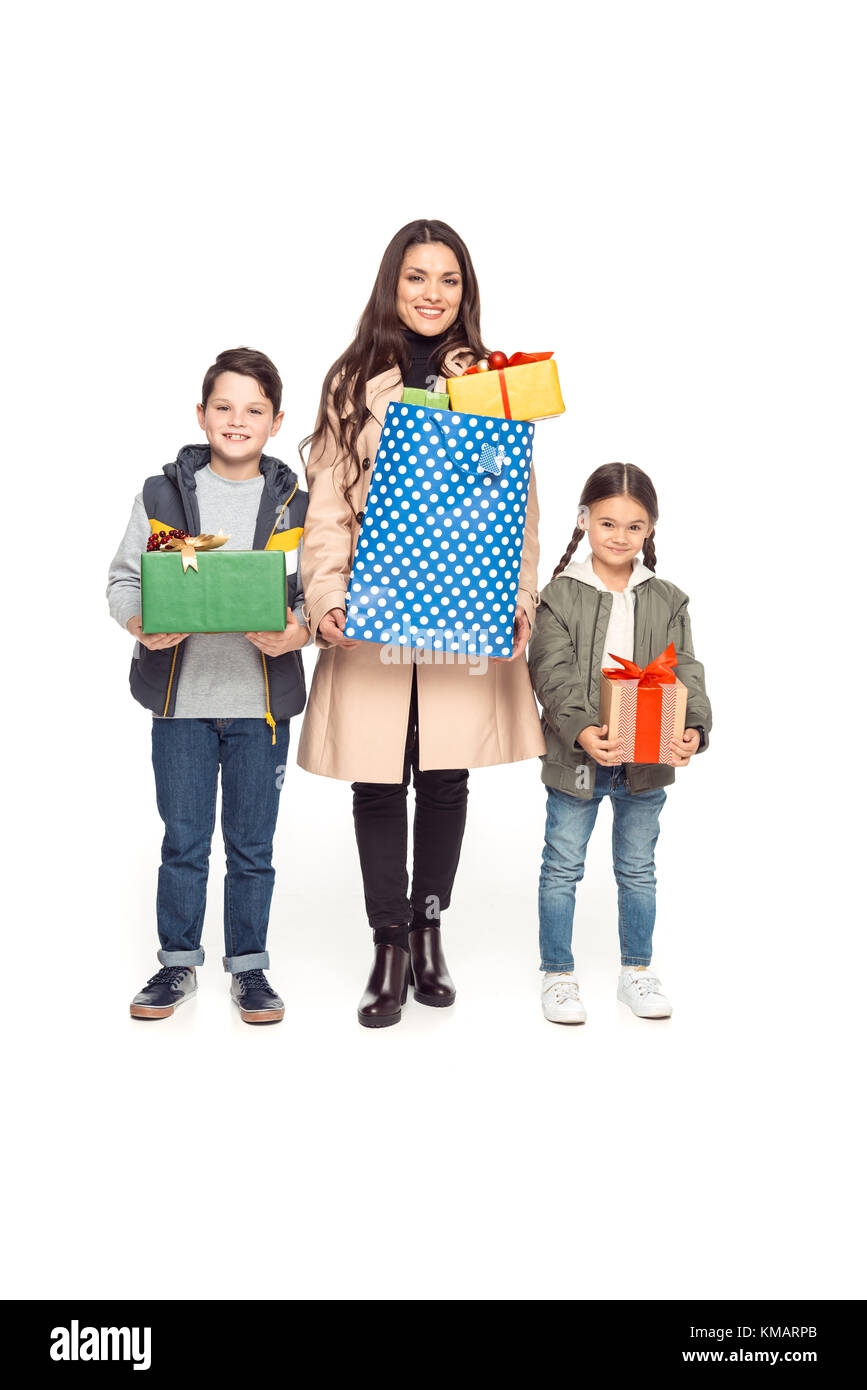 mother and kids with shopping bags  Stock Photo