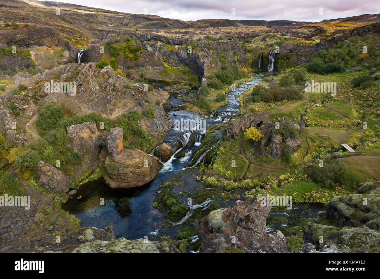 Gjáin with its small waterfalls, ponds, and volcanic structures is situated in the south of Iceland Stock Photo