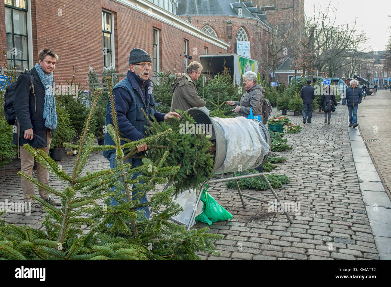 GRONINGEN,NETHERLANDS- DEC 13, 2013:Market merchant putiing a sold christmas tree into a net to take home more easily Stock Photo
