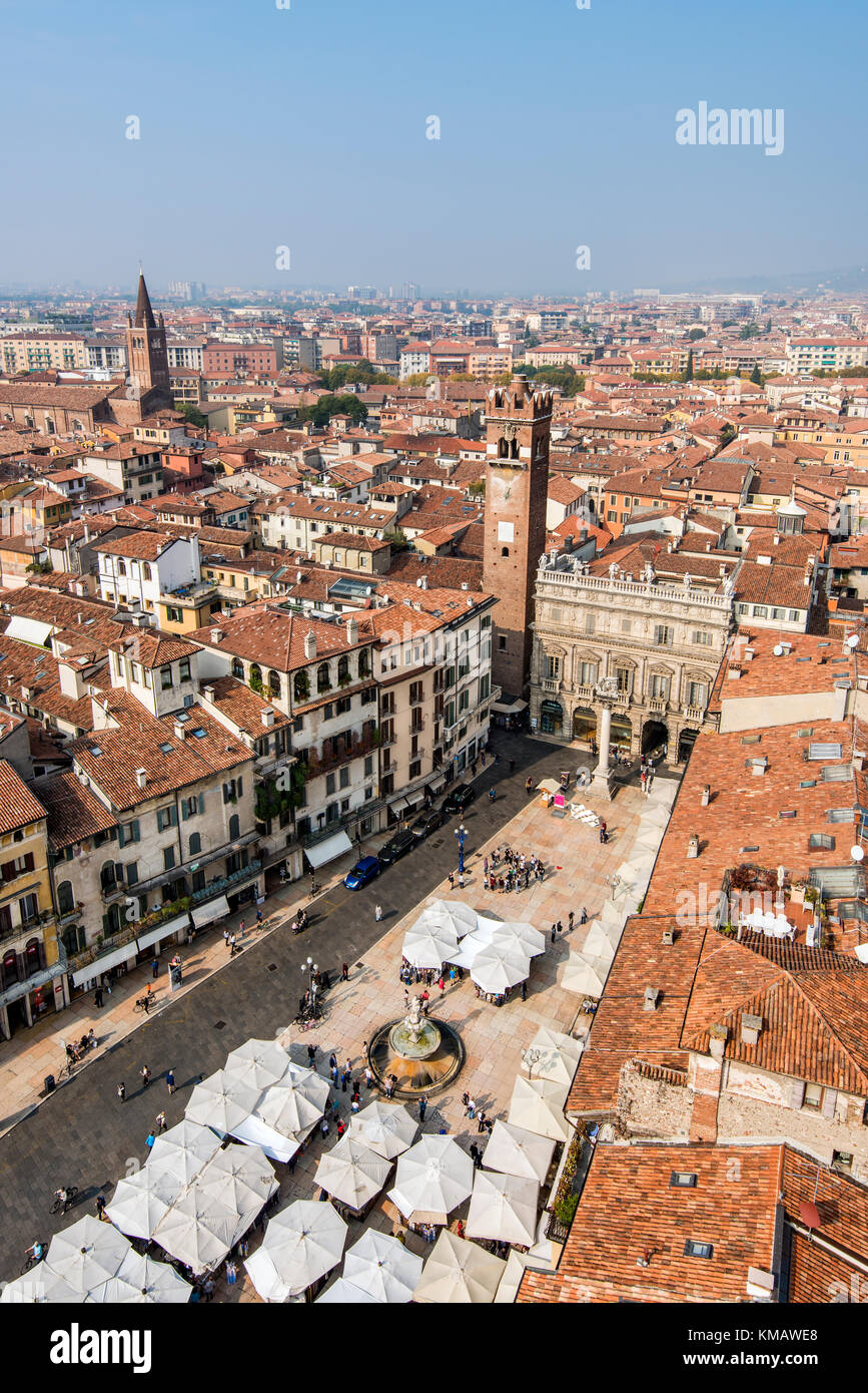 Piazza delle Erbe square and city skyline, Verona, Veneto, Italy Stock Photo